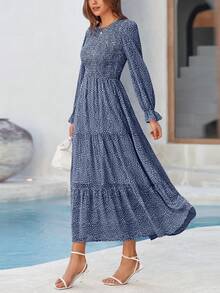 Women Leopard Long Sleeve Maxi Dress Flounces High Waist Smocked Tiered Dress Fall Spring Wedding Guest Vacation Holiday Boho Valentine Dresses Outfits - 深藍色 - 查看 4