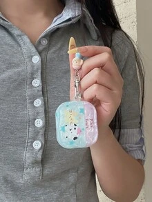 4 耳机保护套，夏季贝壳图案猫狗设计，适用于 Apple 1/2/Pro 保护套，带绑带 - 藍色 - 查看 5