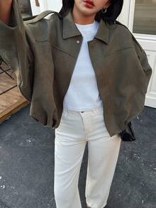 DEEKA 秋冬新款女士休闲百搭仿麂皮飞行员夹克，绿鹿麂皮外套 - 軍綠色 - 查看 3