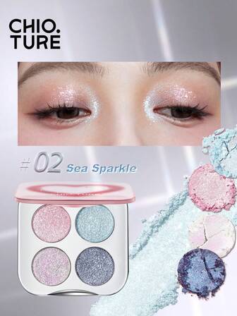 CHIOTURE Paleta de sombras de ojos con cuatro colores brillantes y con olas de chispas como diamantes triturados, de larga duración y bien adherente, altamente pigmentada y fácil de aplicar, ideal para Halloween y eventos nocturnos