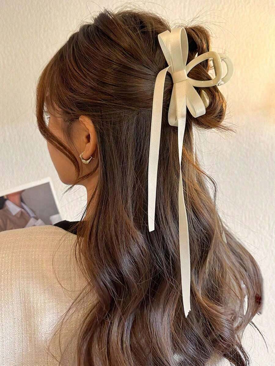 1pc Women's Solid Color Double Layer Bow Hair Claw Clip With Ribbon Streamers, Suitable For Daily Use Elegant Valentine's Day Valentines Summer Hair Clips Hair Jaw Clip Hair Clamps Hair Clutch Hair Catcher Clip, Bow Accessories, School Stuff, College Fall Winter Hair Accessories For Women For Vacation Outfits Woman Valentines Gift - Màu be - Xem 1