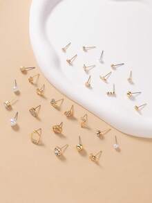 Bộ 30 bông tai đính đá hình trái tim, hoa, ngôi sao, nơ, quả anh đào, trang sức thời trang, đính đá kim loại giả ngọc trai, thích hợp cho trang phục hàng ngày, ngày lễ, thường ngày - Vàng - Xem 4