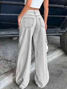 Teen Girl Casual Front Button Pocket Straight Leg Jeans - Grey - View 2