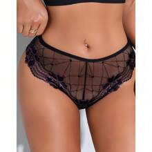 Women's Lace Underwear, Women's Lace Stitched Midriff Triangle Pants, Purple Small Flower Underwear, Women's Underwear And Lingerie - 黑色 - 查看 5