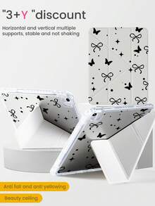 这款精美可爱的卡通黑蝴蝶波点蝴蝶结双面彩绘亚克力透明水晶背壳，防震设计，适用于 iPad 第七代、第八代（10.2 英寸）和第十代。内置笔槽，支持睡眠唤醒功能/多种折叠支架方式。是万圣节和新年礼物的理想之选。