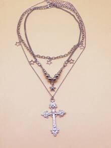 3pcs Gothic Punk Style Rhinestone Cross Star Design Necklace Set, Minimalist Star Tassel Necklace Jewelry Set For Women