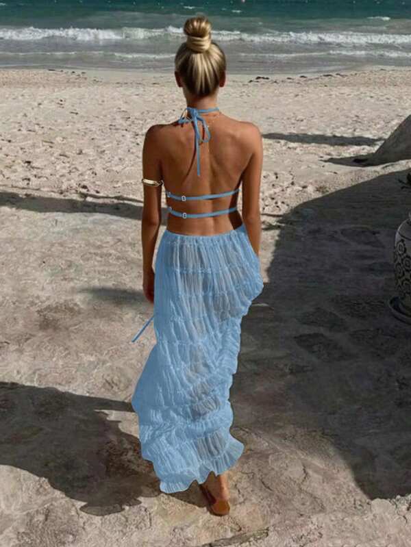 Damen Einfarben sexy offener Rücken Neckholder Rüschen Spitzen Saum Maxikleid Set