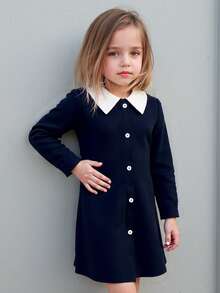 Elegante y dulce vestido de otoño para niñas, vestido de línea A de manga larga con cuello Peter Pan y bloques de color para niñas jóvenes - Azul Marino - Ver 5