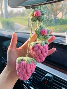 onEternal 1pc/2pcs Light Pink/Red Puff Simulation Strawberry Hanging Decoration, Handmade Crochet Car Interior Decoration, Mirror Bag Decoration, Handmade Crochet Christmas And Halloween