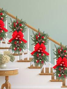 1pc, 17.71inch Christmas Wreath Hanging Decoration Staircase Red Rattan Bow Wreath Pine Cones Decoration Home Decoration Props Festive Atmosphere Venue Layout Props - Multicolor - View 3