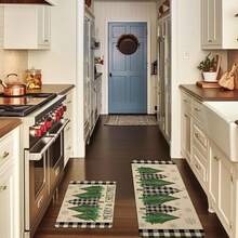 1/2pcs Christmas Floor Mat, Luxurious Green, Black And White Checked Christmas Tree Pattern Kitchen Floor Mat, Perfect For Indoor/Outdoor Use, Family Gatherings, Kitchen, Dining Room, Christmas Atmosphere Decoration, Home Decoration