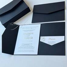 25pcs Tri-Fold Pocket Wedding Invitation Cards With Envelopes, Simple Invitation Cards For Engagement, Quinceanera, Christening, DIY Invitations, 5*7 Inch Invitations, Pocket Invitations, Customized Invitations, Christmas Cards - Black - View 7