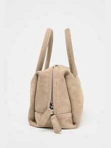 Women's Suede Shoulder Bag, Handbag & Crossbody Bag With Zipper, Bowling Bag Style, Boston Bag, Korean Fashion - 米色 - 查看 4