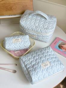 1Pc/Set Gingham Pattern Cute Makeup Bag Set Portable Travel Makeup Bag Cosmetic Bag Cosmetic Organiser Jewelry Organiser Multifunctional Storage Bag For Women Clutch With Zipper Closure For Cosmetics,Brush,Skincare,Mobile Phone,Coin,Small Items Make Up Bag Skincare Bag Home Decor Bridesmaid Gifts Mom Gifts Birthday Gifts Teacher Gifts Gift For Friends Back To School Gifts Travel Essentials Cruise Essentials Dorm Essentials - Blue - View 2