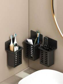 Wall Mounted Toothbrush And Toothpaste Holder For Bathroom, White And Black, With Space For Comb Or Razor And Shower Gel (No Drilling Required), Home Bathroom Decor, Autumn Decor, Back To School