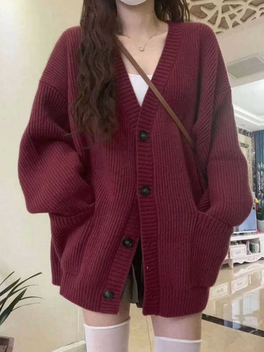Las mujeres de cuello en V estilo perezoso chaqueta de punto, botón simple japonesa jersey otoño e invierno casual suéter de punto suelto - Burdeos - Ver 1