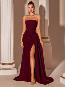 Elisanya Cream Yellow Elegant Strapless High Waist Slit Backless Tie Prom Party Dress - Burgundy - View 8