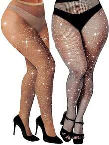 2 pièces Collants résille abricot ornés de strass pour femmes grandes tailles, bas résille skinny stretch, tenue de soirée brillante, mode gothique, polyvalent pour toutes les saisons