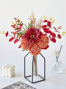 1 Bunch Artificial Flowers Mixed Silk Dandelion Eucalyptus Chrysanthemum Flower Bouquets Fake Flowers For Fall Decor Home Wedding Room Decor Table Centerpieces - Red - View 7