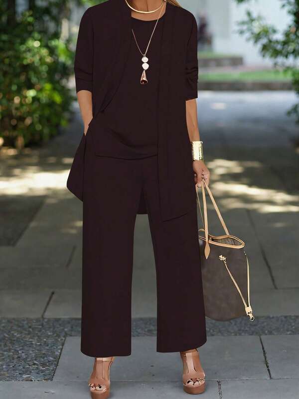 3 pièces Ensemble décontracté pour femme de couleur unie : Veste cardigan + Top sans manches à col rond + Pantalon droit à taille élastique, Tenue de navette pour le printemps, l'automne et l'hiver