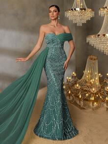 Faeriesty Đầm dạ hội lệch vai thanh lịch, thiết kế xếp ly bất đối xứng, chân váy đuôi cá tinh tế, phù hợp cho các dịp trang trọng như đám cưới. - Màu xanh lá cây đậm - Xem 4