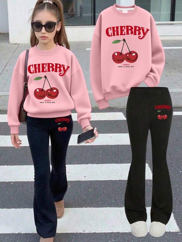 2pcs Set Girls Sweet Cherry Print Sweatshirt Set, Soft & Comfortable, Spring & Autumn Daily Casual Wear
