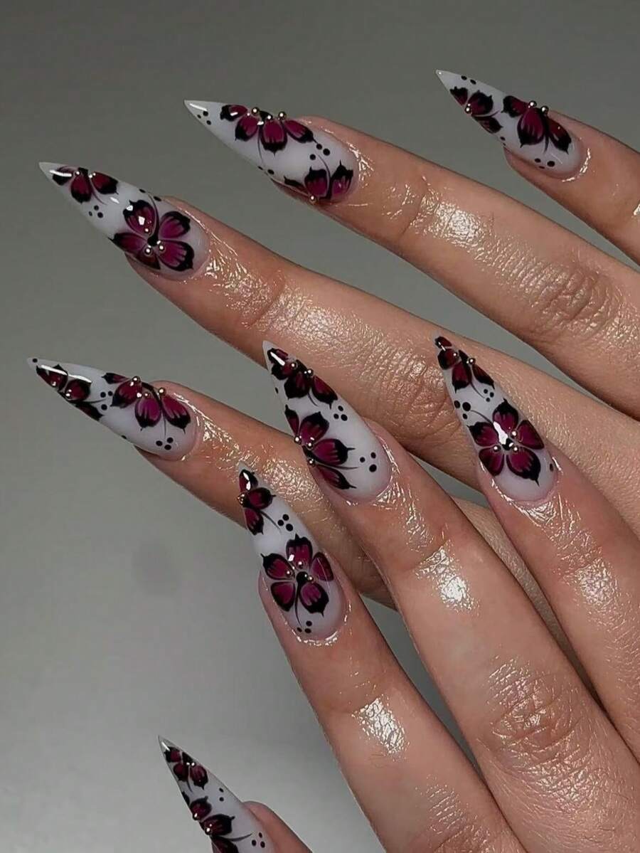 NAIO Nâng tầm phong cách của bạn với 24 móng tay giả dài hình hạnh nhân cho mùa thu và đông, họa tiết hoa và chấm bi, thiết kế bi thép, móng tay giả kiểu Pháp bằng acrylic, bộ móng giả vừa vặn hoàn hảo, bao gồm: 1 miếng gel dẻo và 1 dũa móng. Dễ dàng tạo kiểu móng mùa thu và nghệ thuật móng kiểu Pháp, phù hợp cho phụ nữ và các cô gái sử dụng hàng ngày, đi làm, dự tiệc. - Nhiều màu - Xem 1