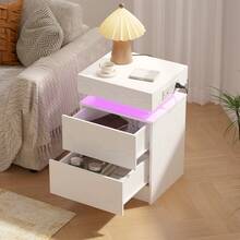 Nightstand With Charging Station, Modern Night Stand With LED Light And Drawers, Bedside Table For Room Decor, End Table For Bedroom, Black/Grey