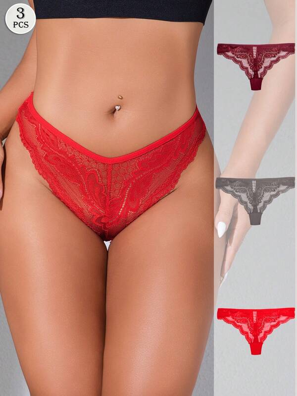 3pcs Women's Lace French Elegant Romantic Comfortable Sexy Bikini Thong