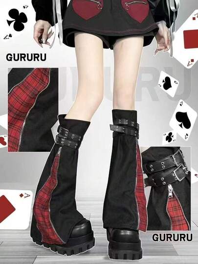 1 Paio di scaldamuscoli stile punk gotico, scaldamuscoli in denim rosso a quadri con zip, accessorio per scarpe, adatto per uso quotidiano, feste, esibizioni e regali