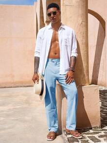Mens Casual Pants Elastic Waist Cotton Linen Pants Pleated Loose Fit Lightweight Beach Yoga Trousers-20256688 - 藍色 - 查看 7
