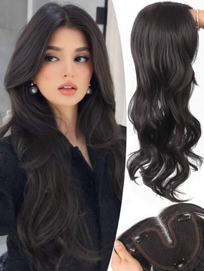 22 pulgadas Cabello sintético con flequillo de raya central para mujeres, Topper de cabello invisible y sin costuras, Cabello largo ondulado y rizado, Flequillo en forma de ocho, Cobertura natural invisible para cabello blanco, Cobertura de 360°