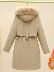 2025 冬季新款女式拼布仿皮草连帽长袖抽绳腰休闲拉链日常度假冬季派克大衣 - 卡其色 - 查看 6