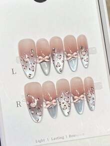 10片可爱粉色豹纹法式猫眼亚克力按压式美甲贴片，杏仁形，配有果冻凝胶和指甲锉，DIY美甲用品，适合情人节、音乐节、学校旅行等场合。 - 彩色 - 查看 3