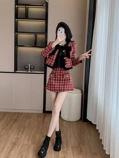 RUIWY 女士秋季节日庆典连衣裙，红色格子时尚优雅蝴蝶结修身保暖厚外套和短裙 2 件套