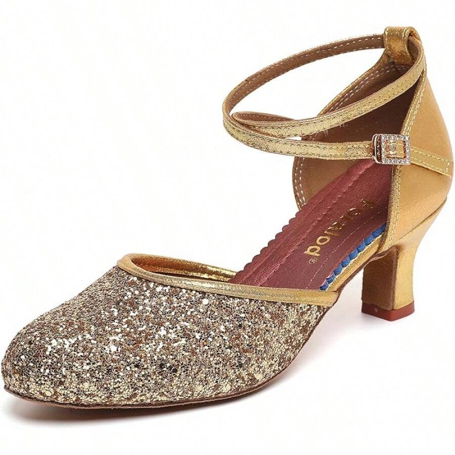 Character Shoes For Women, Woman Ballroom Dance Shoes, 1920s Flapper Shoes, Latin, Salsa, Party Dress Shoes Low Heels, Ankle Strap Pumps-2025 - 金色 - 查看 1