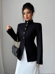 Palton elegant pentru femei, cu guler înalt, culoare solidă, cu buzunar și nasturi în față, stil business casual - Negru - Vizualizare 4
