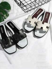 2025新款时尚平底拖鞋，经典H型凉鞋，沙滩拖鞋，女士拖鞋 - 白色 - 查看 5