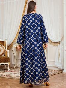 女士穆斯林长袍连衣裙，长袖土耳其时尚刺绣串珠饰边长袍，优雅奢华的阿拉伯长袍 - 藏蓝色 - 查看 5