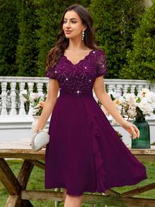 MIUSOL Elegant Women's V-Neck Contrast Lace Sequin Maroon Flowy Chiffon Swing Dress, Ruffle Trim Ruched Hem, For Wedding Guest, Prom, Homecoming, Birthday Party - 紫紅色 - 查看 5