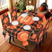 1/4/5/6/7/36pcs Thanksgiving Plaid, Line, Pumpkin & Maple Leaf Print Chair Cover/Seat Covers Set, Suitable For Indoor Home, Restaurant, Hotel, Ideal For Modern Daily Decor. Tablecloth Fits Square Dining Table, Elastic Chair Covers Are Washable. - Multicolor - View 6