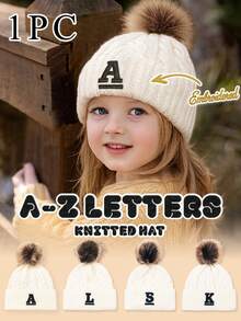1 件儿童刺绣条纹字母白色针织帽，经典时尚休闲帽，适合男孩和女孩秋冬日常穿着和返校 - 彩色 - 查看 1