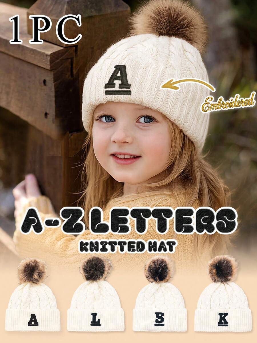1 件儿童刺绣条纹字母白色针织帽，经典时尚休闲帽，适合男孩和女孩秋冬日常穿着和返校 - 彩色 - 查看 1