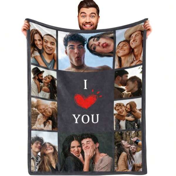 A Flannel Blanket With Customizable Photos, Featuring The Design Pattern Of The English Word "I Love You". Stylish And Minimalist Prints That Allow For Personalized Photo Customization – A Comfortable And Soft Bed Blanket Suitable For Various Seasons And Occasions – Perfect For Home Use, Picnics, Travel, And Special Events – Machine Washable, With A Modern And Versatile Design Style.