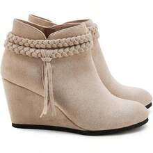 Womens Wedge Ankle Boots Braided Fringe Strap Western Heeled Fall Booties Dress Shoes - 2-米色(仿麂皮) - 查看 3
