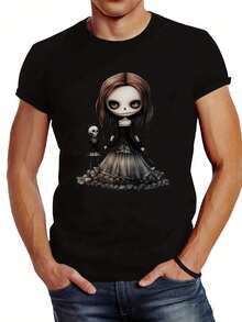 Doll With Skeleton Doll Friend, Stylish T- Shirt, Gym Clothes Men, Lightweight And Breathable, Perfect For Long Travel Days, Casual T-Shirt Graphic Tees, Graphic Tees, 100 Percent Cotton Shirts, Black Street Graphic Tees, Men's T-Shirt, Funny Graphic Vintage T Shirts, S-XXXL - 黑色-4 - 查看 3