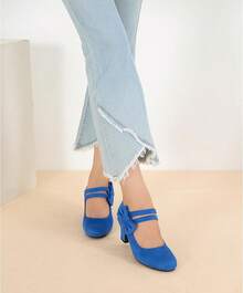 Enelauge Women's Mary Jane Heels With Bow Retro Closed Round Toe Pumps Sweet Ankle Strap Low Block Heels Chic Bowtie Vintage Dress Wedding Party Office Daily ShoesChristmas - 皇家藍絨面革 - 查看 10