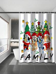 [Christmas Bluey Shower Curtain Window Curtain Set] 1/3/4pcs Christmas Solid Color Santa Hat Bluey Family And Friends Holiday Pattern Printed Shower Curtain Set, Modern Design, Suitable For All Seasons, Waterproof Polyester Hooks And Lining, Flannel Material, Soft Surface, Absorbent Anti-Slip Bathroom Mat, Bathroom Set Includes U-Shaped Mat, Toilet Mat, Anti-Slip Bathroom Mat And Bathroom Accessories, Home Decor, Holiday Decor, Christmas Gift, Daily Decor, Gift Giving