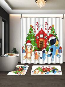 [Christmas Bluey Shower Curtain Window Curtain Set] 1/3/4pcs Christmas Solid Color Santa Hat Bluey Family And Friends Holiday Pattern Printed Shower Curtain Set, Modern Design, Suitable For All Seasons, Waterproof Polyester Hooks And Lining, Flannel Material, Soft Surface, Absorbent Anti-Slip Bathroom Mat, Bathroom Set Includes U-Shaped Mat, Toilet Mat, Anti-Slip Bathroom Mat And Bathroom Accessories, Home Decor, Holiday Decor, Christmas Gift, Daily Decor, Gift Giving