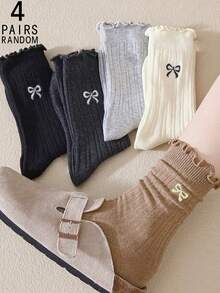 4 双女士随机甜美蝴蝶结荷叶边 JK 风格舒适百搭中筒袜 - 彩色 - 查看 6